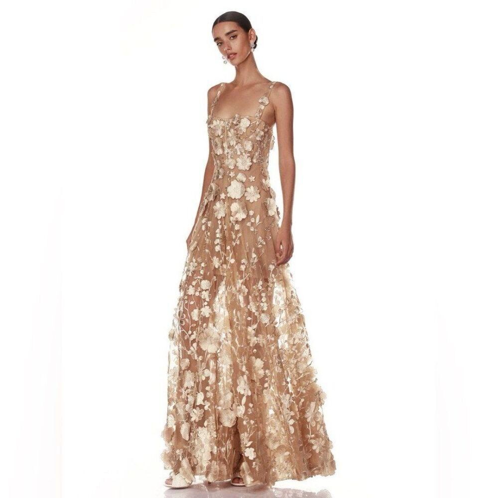 NEW BRONX AND BANCO JASMINE GOLD GOWN w flower appliqués, wedding max dress - Picture 3 of 12